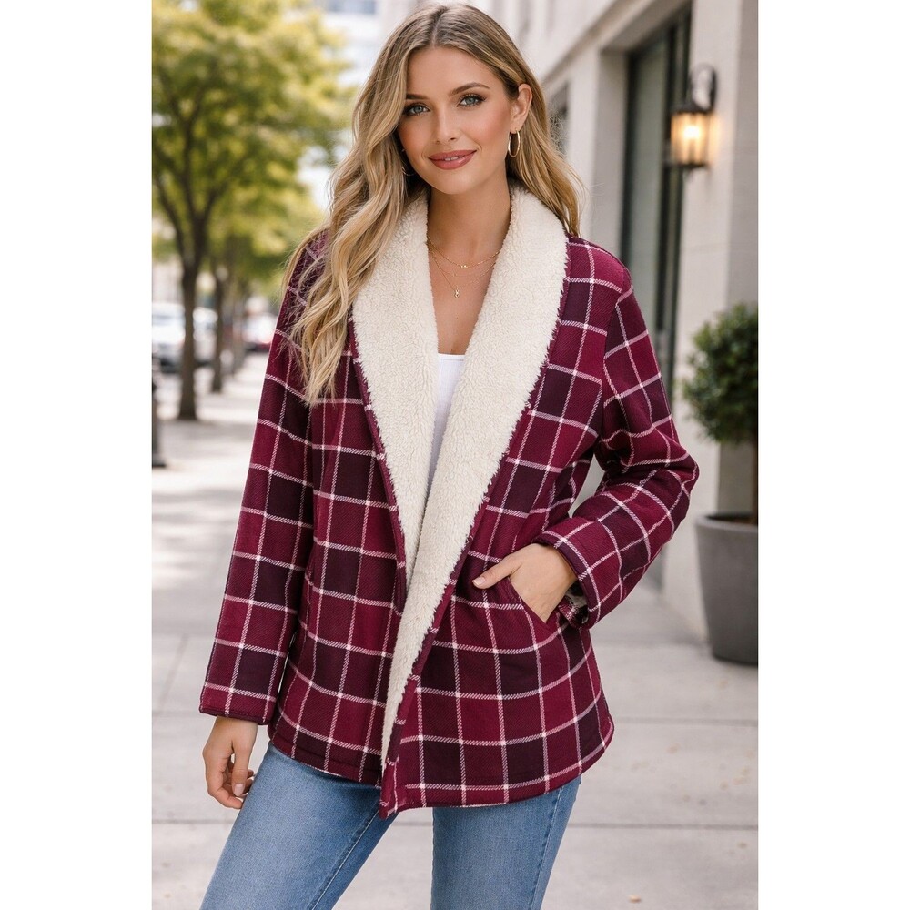 L.L.Bean Women’s Open Front Shawl Collar Sherpa Lined Jacket Burgundy Plaid L